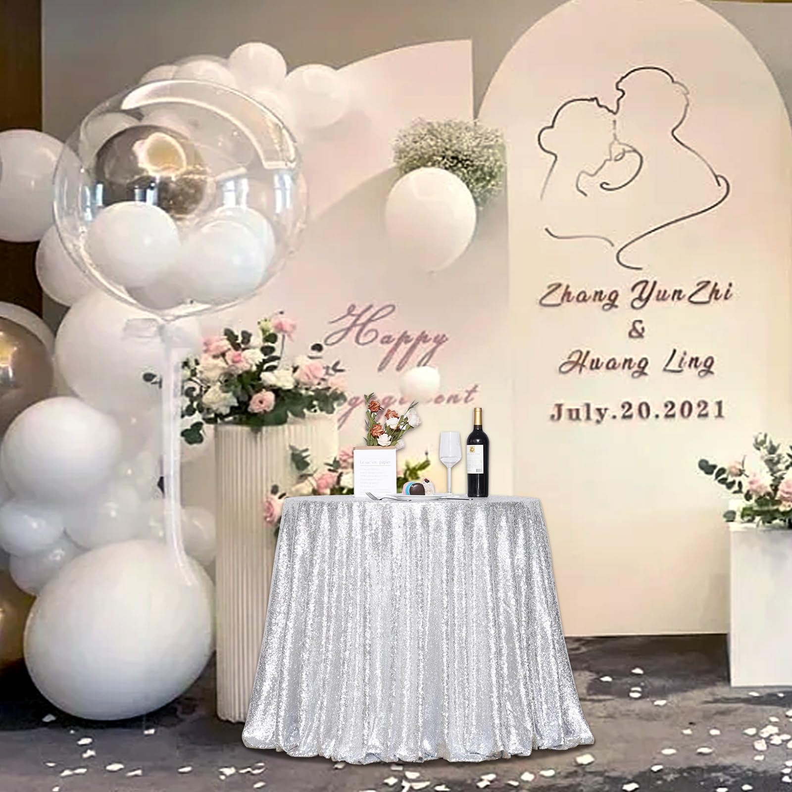 Partydelight Sequin Tablecloth, Wedding, Sweetheart, Christmas Tree, Rectangular, 48''X72'', Silver